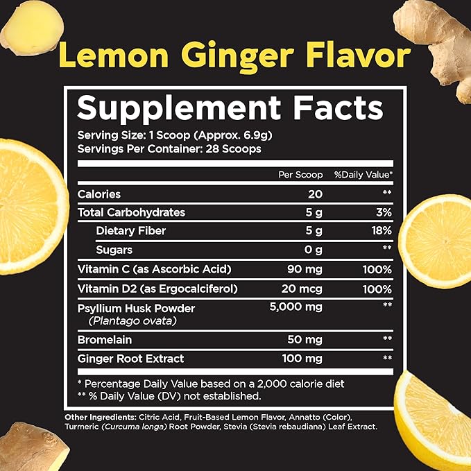 Pinch Magic Sugar Free Fiber Powder ??Light Lemon Ginger Psyllium Husk with Bromelain & Vitamins C & D ??Vegan, Gluten-Free, Clean Label, USA-Made, GMP-Certified ??28-Day Supply