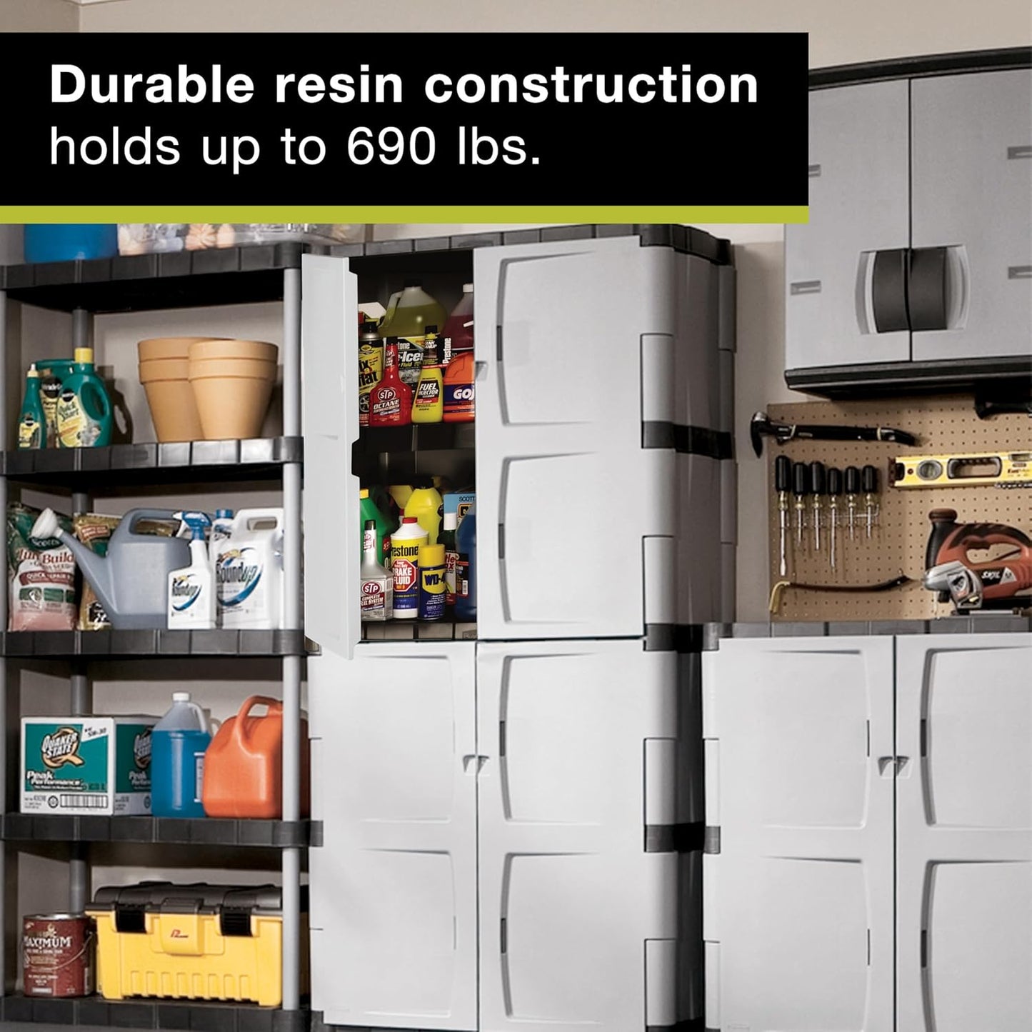 Rubbermaid Freestanding Storage Cabinet - Lockable Five Shelf Design | 690-Pound Capacity in Gray for Garage & Outdoor Use