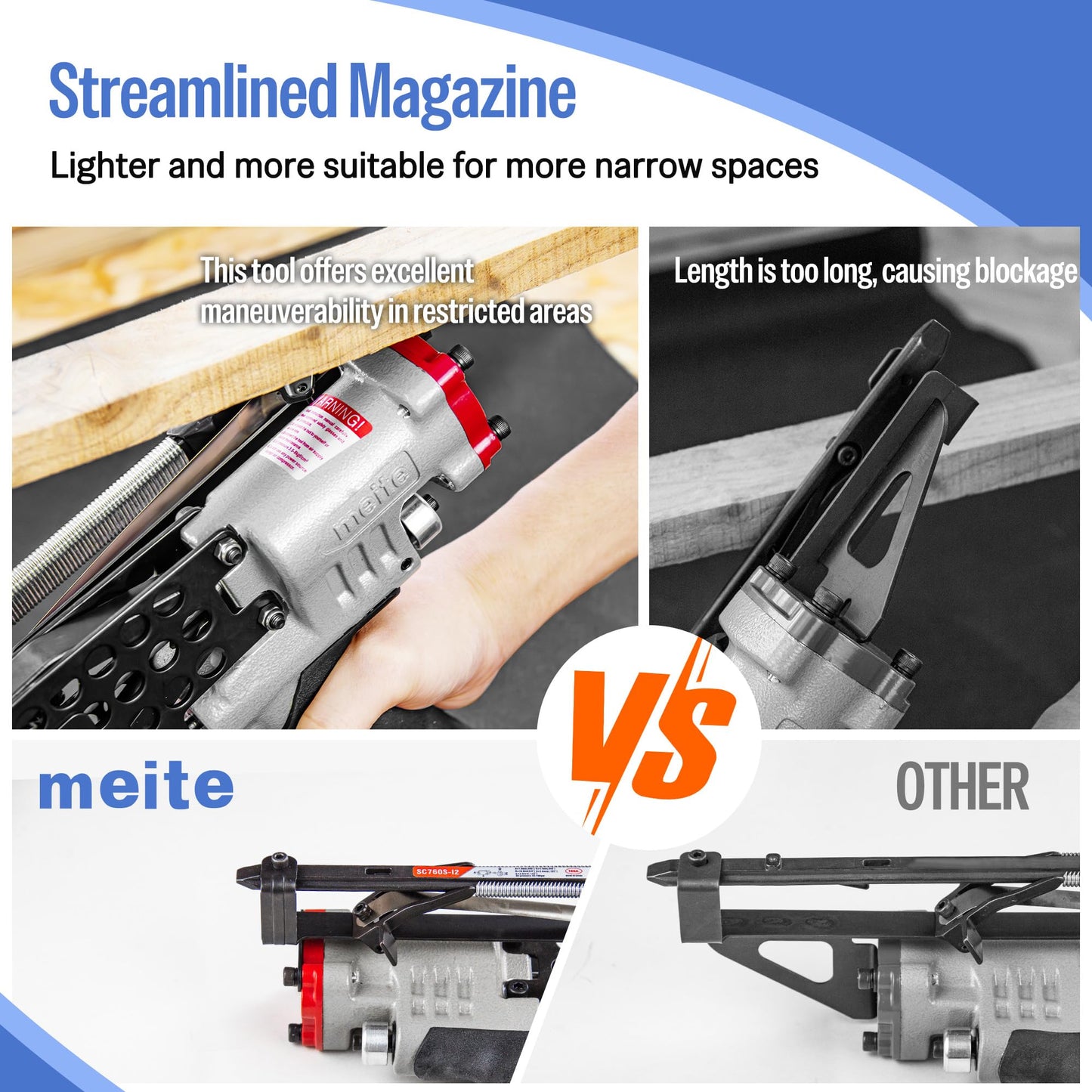 meite SC760S-I2 Pneumatic Hog Ring Gun, 16 Gauge 1/2" Crown Hog Ring Pliers, 2.6-3.6 mm Closure, Short Magazine Lightweight Air C Ring Stapler for Fencing, Upholstery, Pet Cages, and Bag Closing