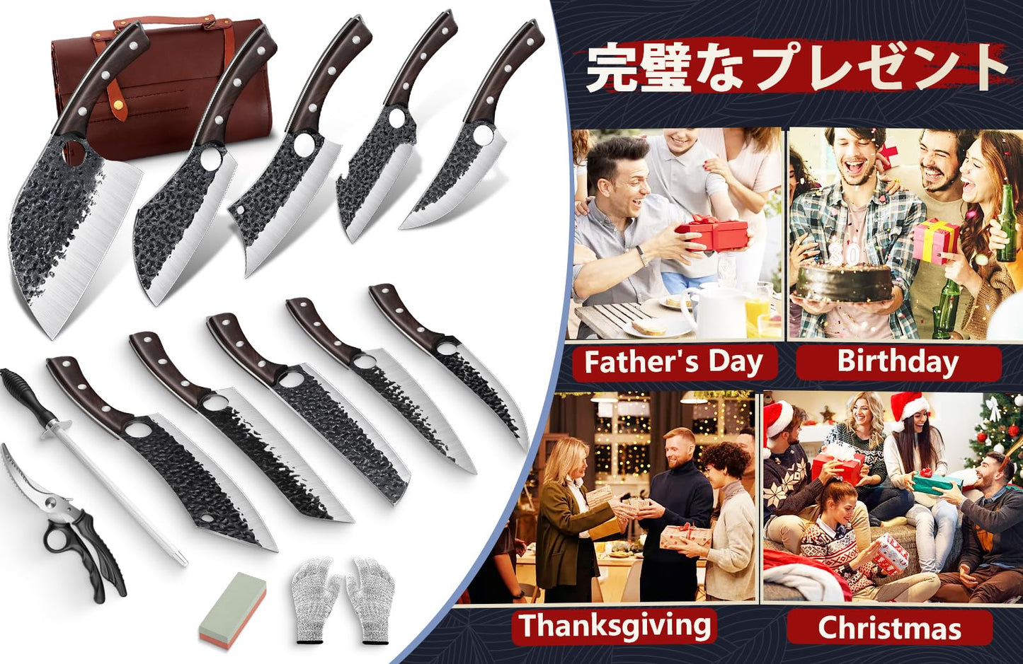 DRGSKL Serbian Chef Knife Set - 10 PCS Hand Forged Butcher Knife Set with Bag - High Carbon Steel Kitchen Knives - Meat Cleaver Viking Boning Knives for Brisket Trimming - Gifts for Mom
