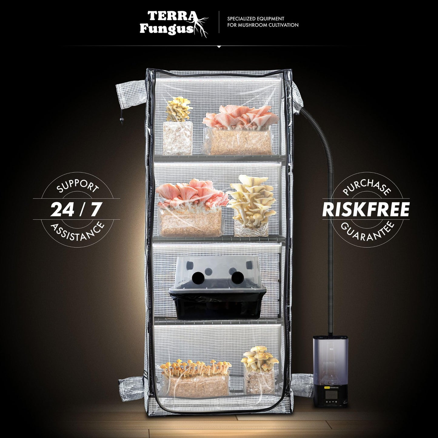 Mushroom Grow Tent with 6500K LED Light & Timer, 4-Tier Shelves Fit Up to 8 Monotubs, Mini Indoor Greenhouse with Grow Light, Waterproof Tray, 4 Vents, Martha Tent