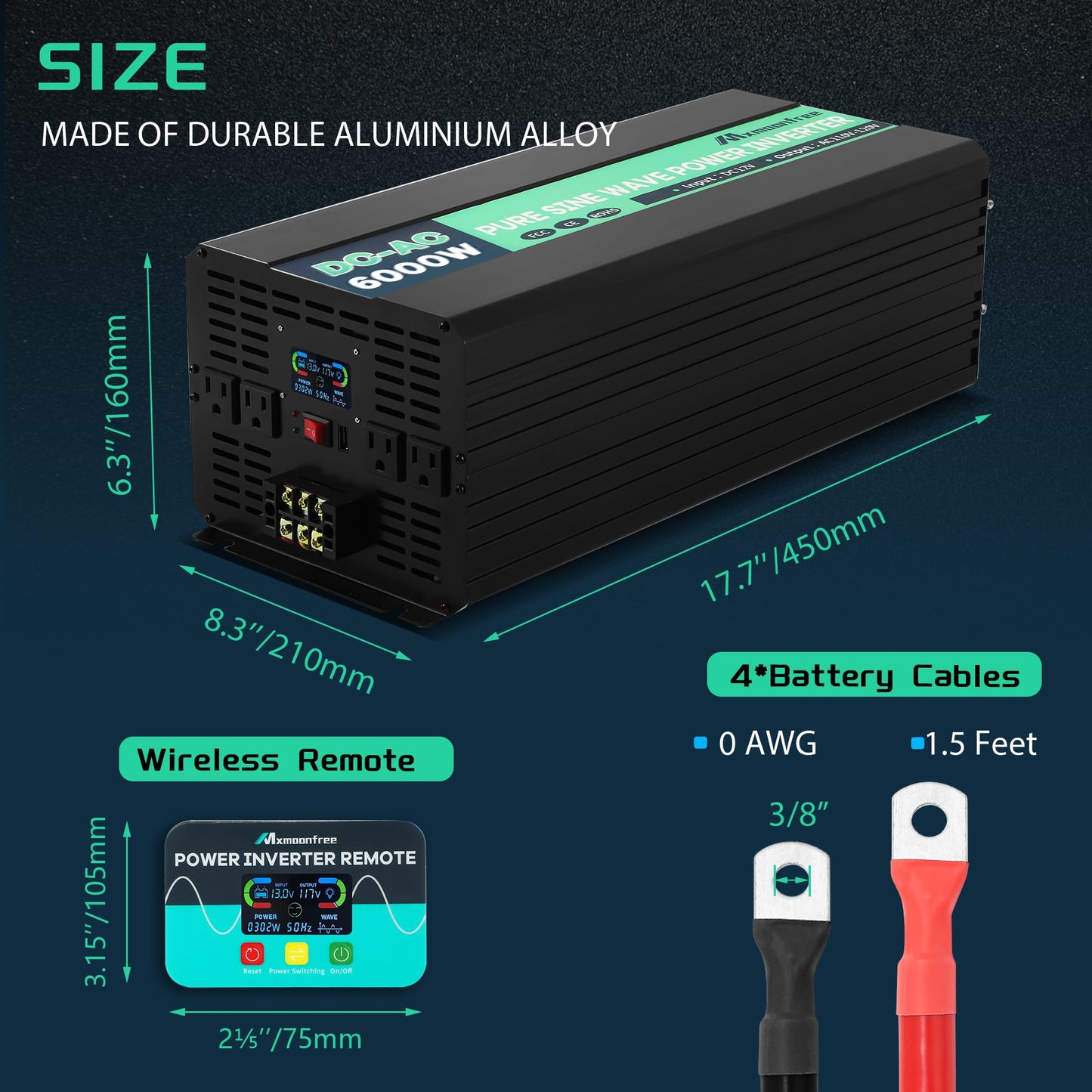 Mxmoonfree 6000W Pure Sine Wave Inverter 12V DC to 110V AC with Wireless Remote Control LCD Display 4 AC Outlets, 1 USB and Terminal Blocks for RV Truck Cabin Off Grid