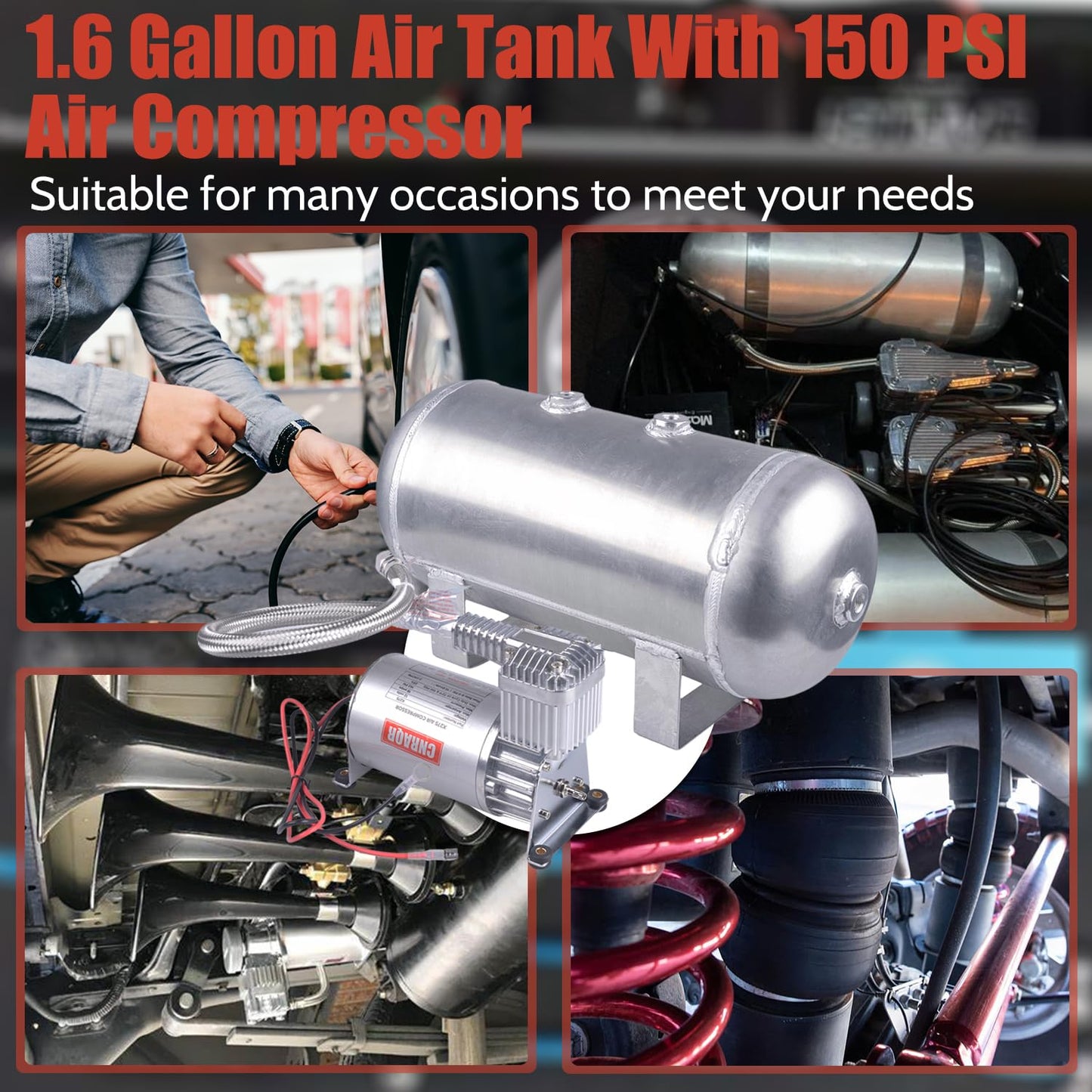 CNRAQR 150 PSI Air Compressor with 1.6 Gallon 200 PSI Air Tank Aluminum Air Compressor Onboard System 12V 1/4NPT for Train Truck Trailer Train Auto Air Lift Suspension Heavy Duty Air Horn Compressor