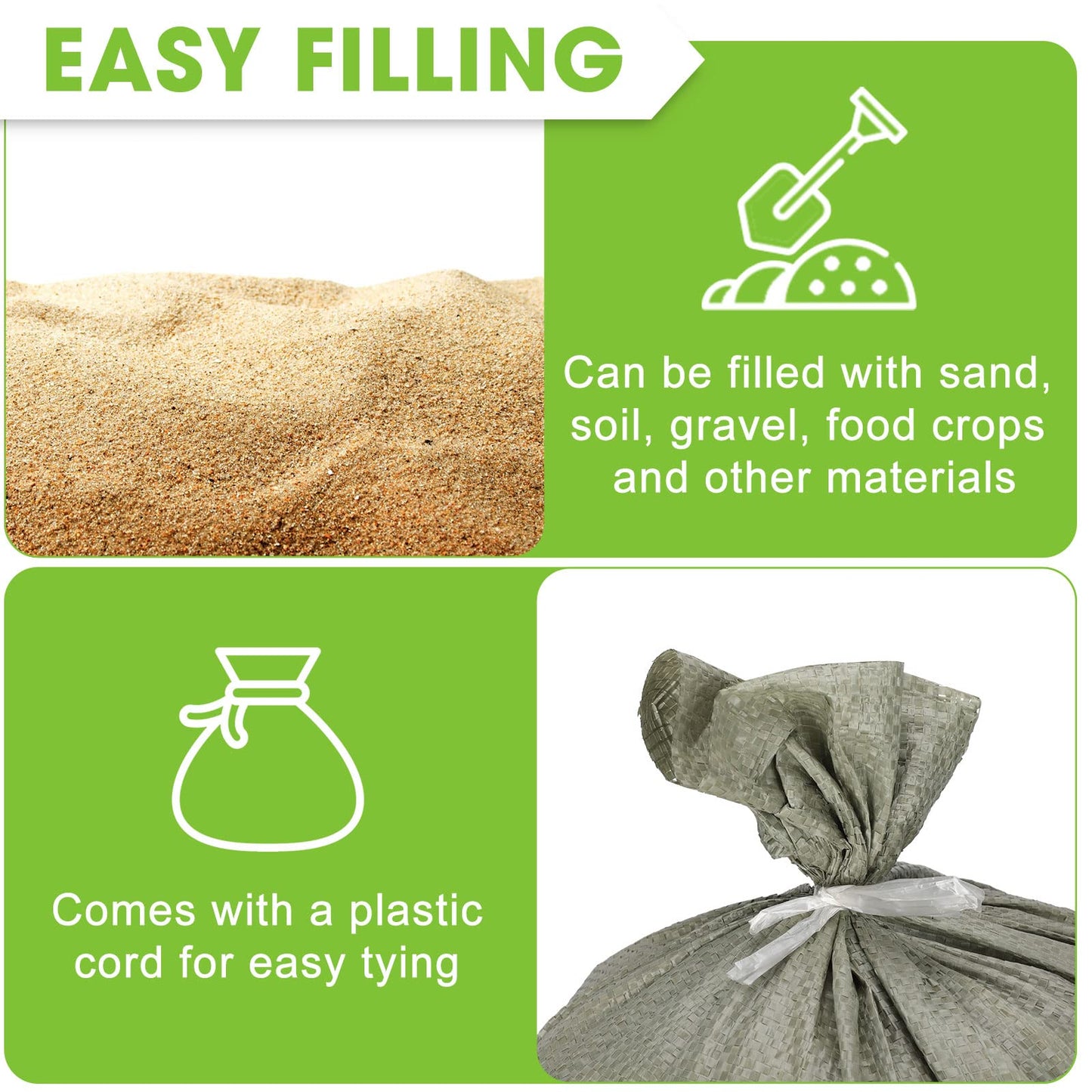 Nuenen 200 Pcs Empty Sandbags Heavy Duty Sand Bags with Ties Woven Polypropylene Sand Bags Bulk for Flooding 16 x 26 Inches Sandbag Flood Protection for Emergency Hurricane Supplies(Green)