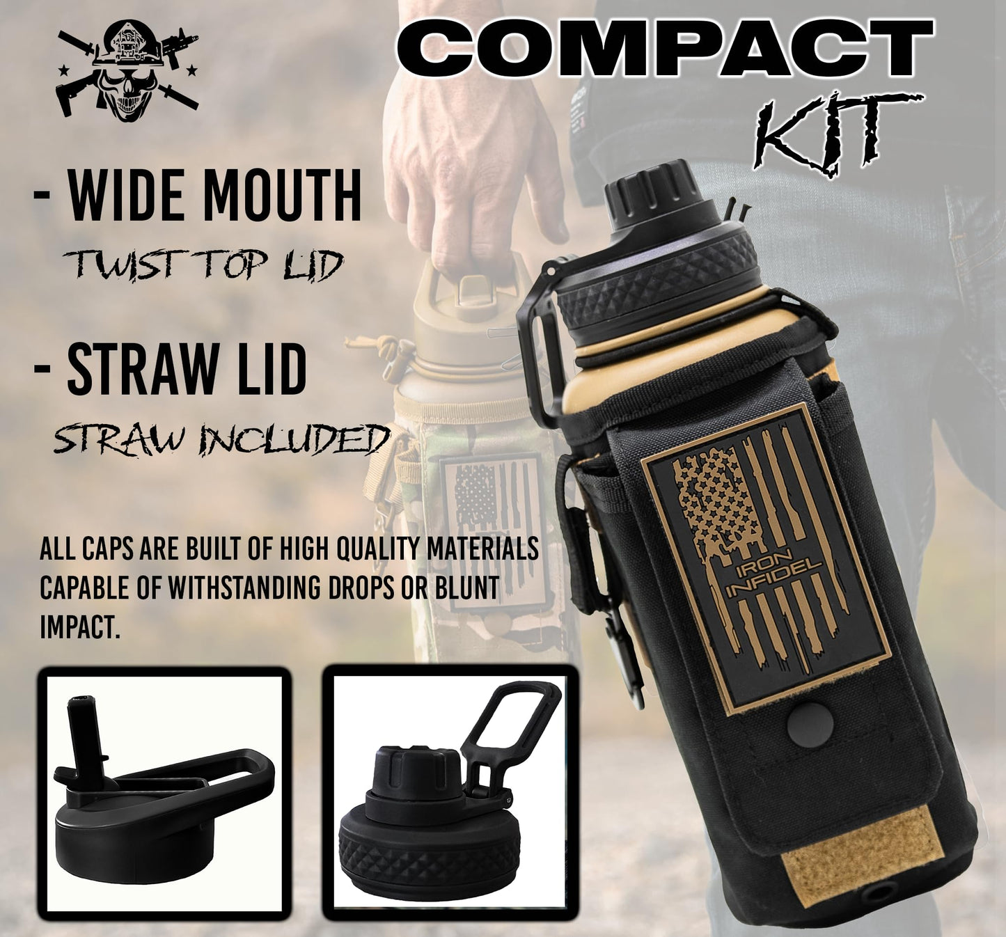 Iron Infidel Battle Bottle - 32 Oz Insulated Water Bottle with Straw Lid & Chug Cap, Stainless Steel Metal Flask Includes Rugged, Removable Sleeve for Keys, Wallet, & Phone (Brown Recluse 1 Liter)