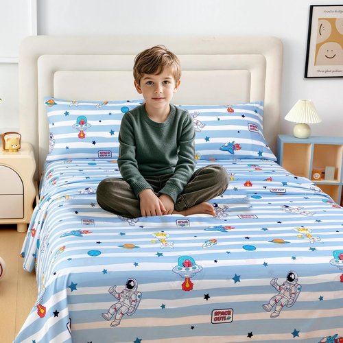 MICORAL Queen Sheets Set Kids, Astronaut Sheets for Boys Girls & Teens, 4 Piece Soft Printed Microfiber Bed Sheets, Deep Pocket Cozy Cute Toddler Bedding Set