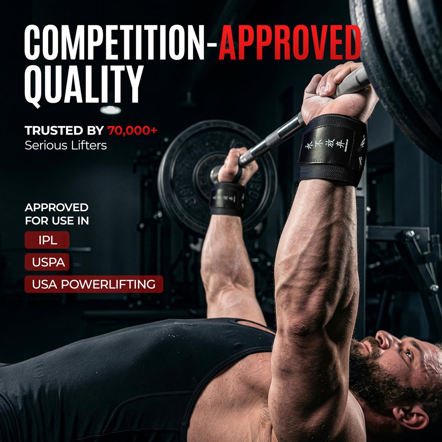 Katamu Never Give Up Premium Wrist Wraps for Weightlifting — 18 Inch Cotton Wrist Support with Thumb Loop for Powerlifting, Bodybuilding and Bench Press, Pair