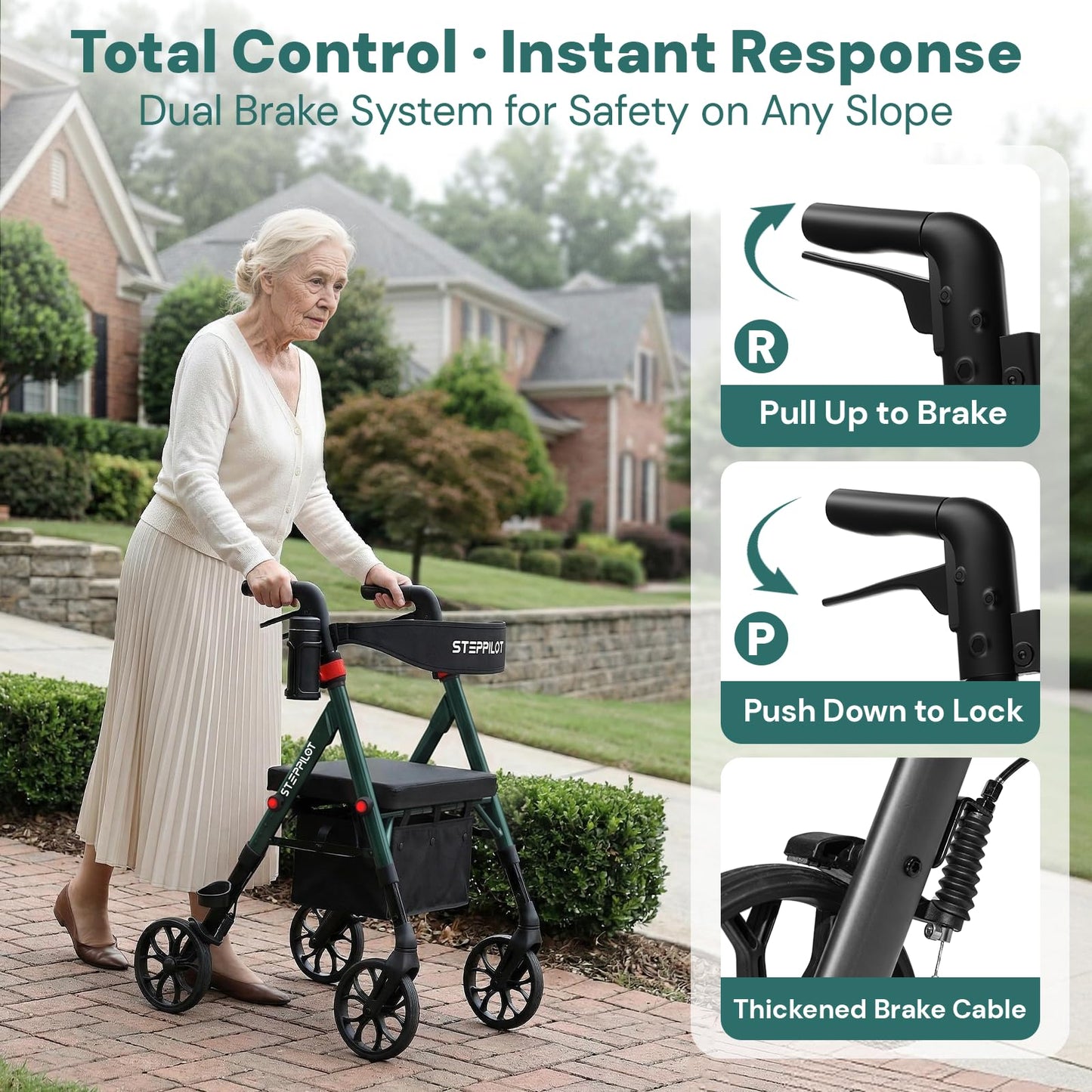 StepPilot Bariatric Rollator Walker with Seat for Seniors, 500lb Capacity Aluminum Frame, Zero Wobble, 16lb Lightweight, 8" All Terrain Wheels, 10-Level Adjustable Handle/Seat, Cup Holder, Cane Clip