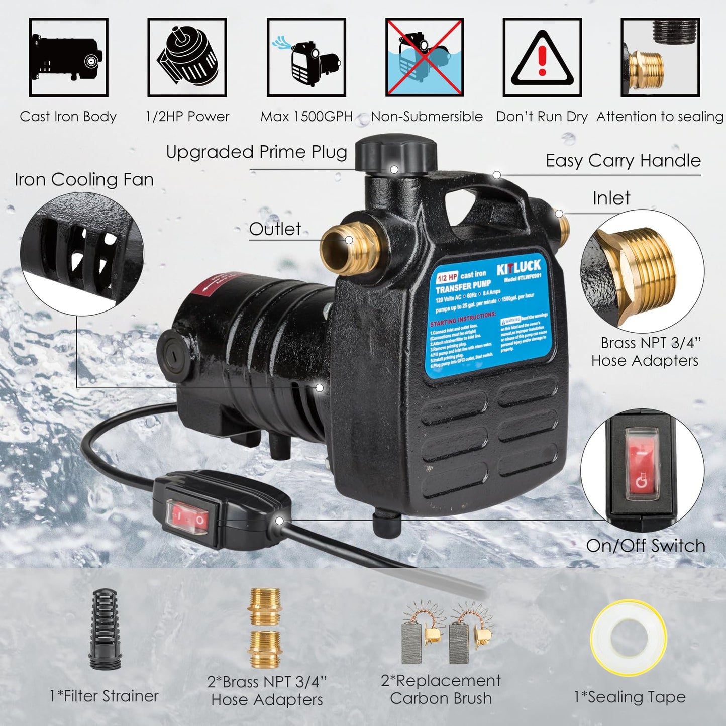 Water Transfer Pump, KITLUCK 120V 1/2 HP 1500GPH Cast Iron Portable Electric Utility Water Pump, Heavy Duty High Pressure Transfer Pump with ON/OFF Switch, Suction Strainer and Brass Connectors