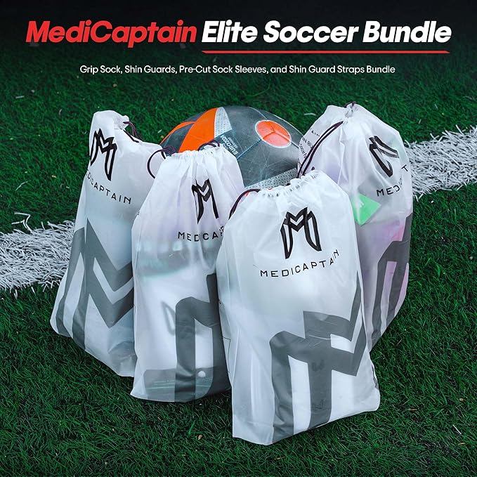 Soccer Grip Socks, Shin Guards, Pre Cut Sock Sleeves, and Guard Straps Bundle Pack - Essential Equipment for Soccer Players - for Mens, Women, Youth, Size 7 to 12 US Men Shoe Size