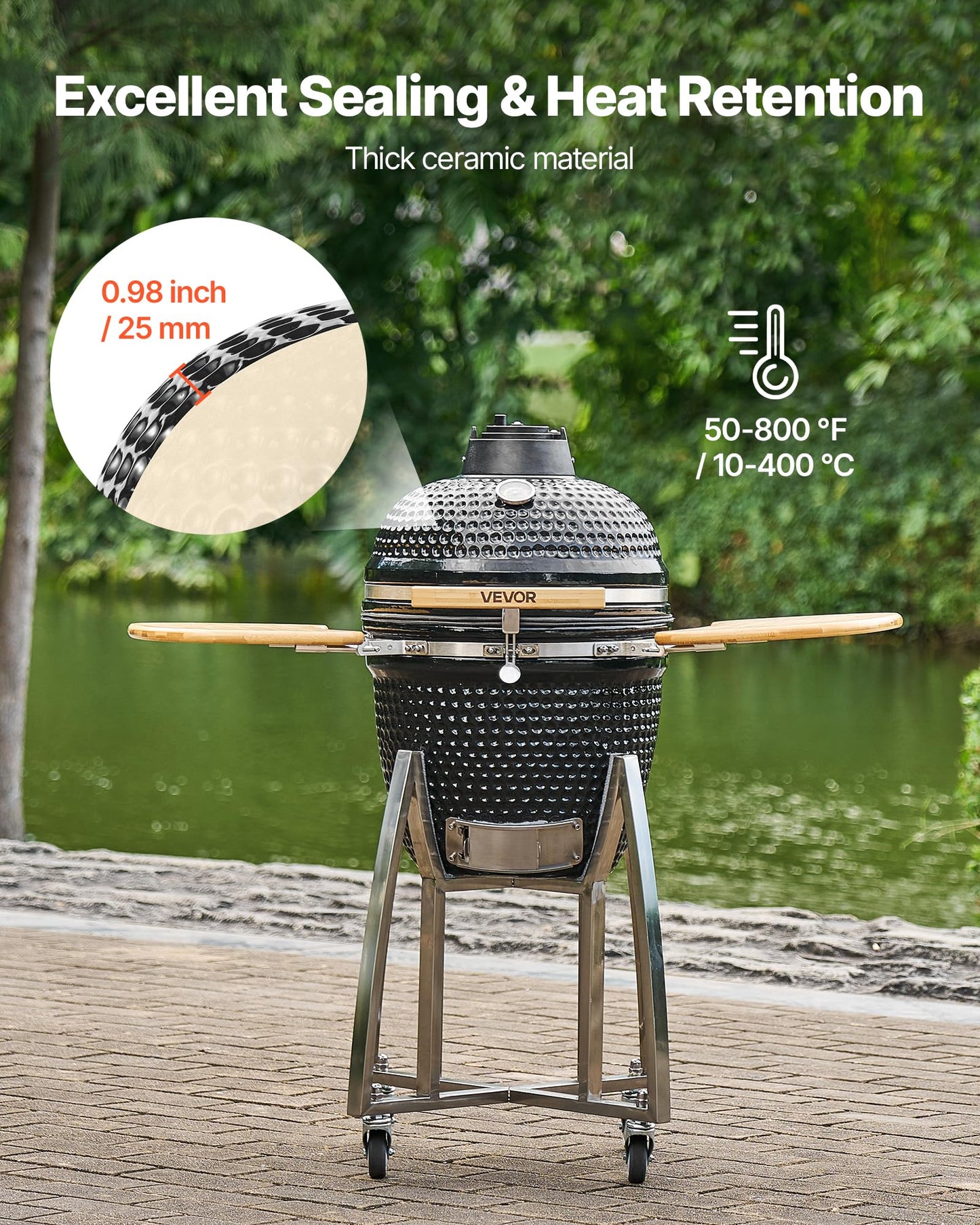 VEVOR Charcoal Smoker and Grill, 18" Kamado Charcoal BBQ Smoker, Movable Ceramic Barbecue Grill with 4 Wheels (2 Lockable), Built-in Thermometer, Air Vents & Side Shelf for Outdoor Patio Yard Cooking