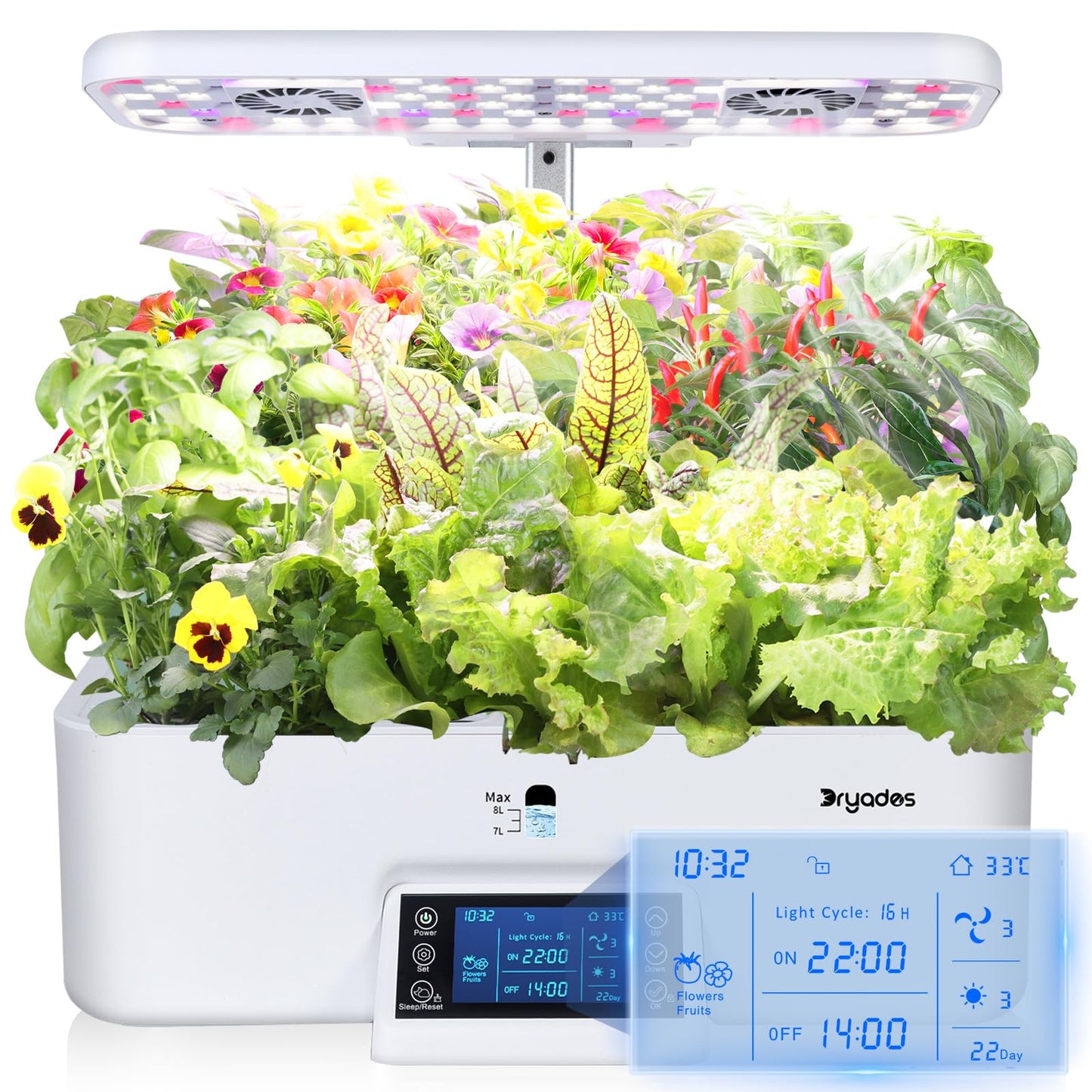 DRYADES 17-Pods Hydroponic Growing System with Dual Fans 24W Full-Spectrum Grow Light & Smart Control Panel for Indoor Gardening for Vegetables Herbs