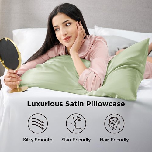 Bedsure King Size Satin Pillowcase Set - Silky Laurel Green Pillow Cases for Hair & Skin, 20x36 Inches, 2pcs