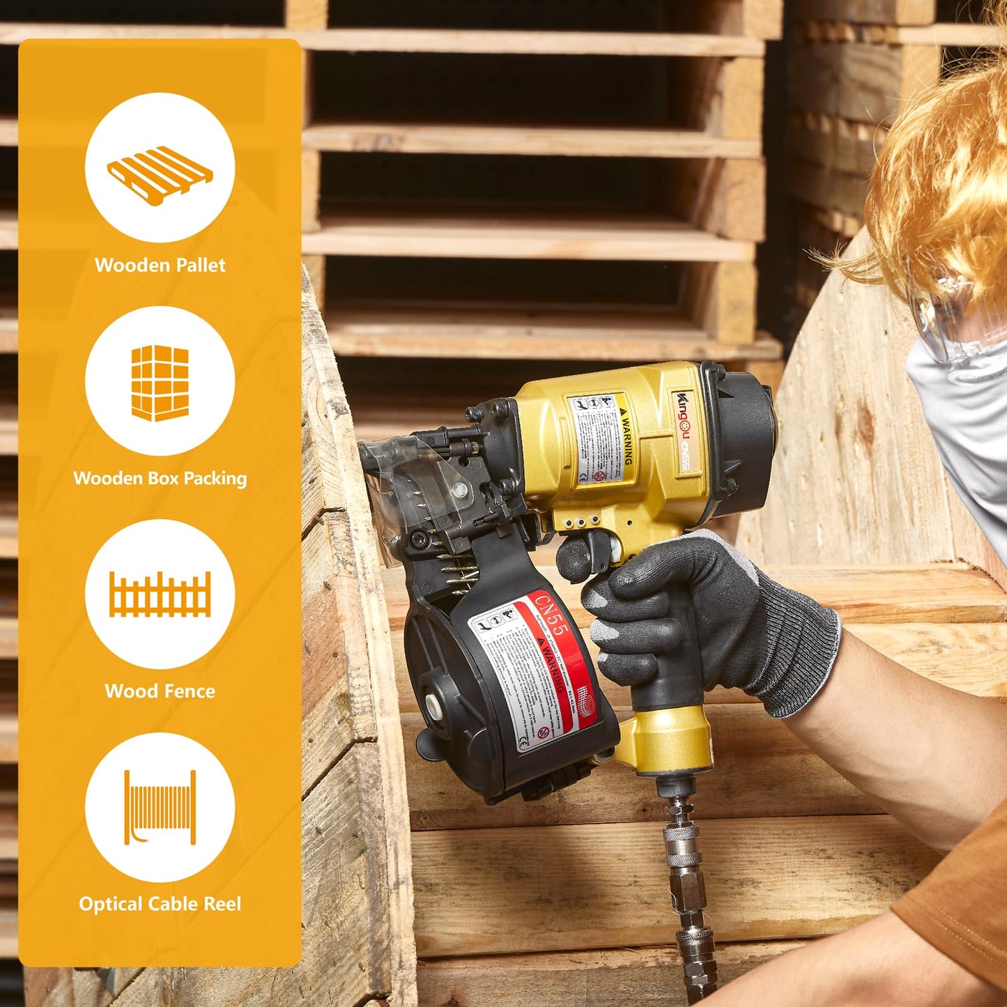 Kingou CN55 Coil Siding Nailer Gun For Wooden Pallet Accepts 1 Inch To 2-1/4-Inch Nails With 1/4 NPT Air Connector 300-400pcs Load Capacity Coil Nailer Coil Nail Gun For Wooden Box Packing