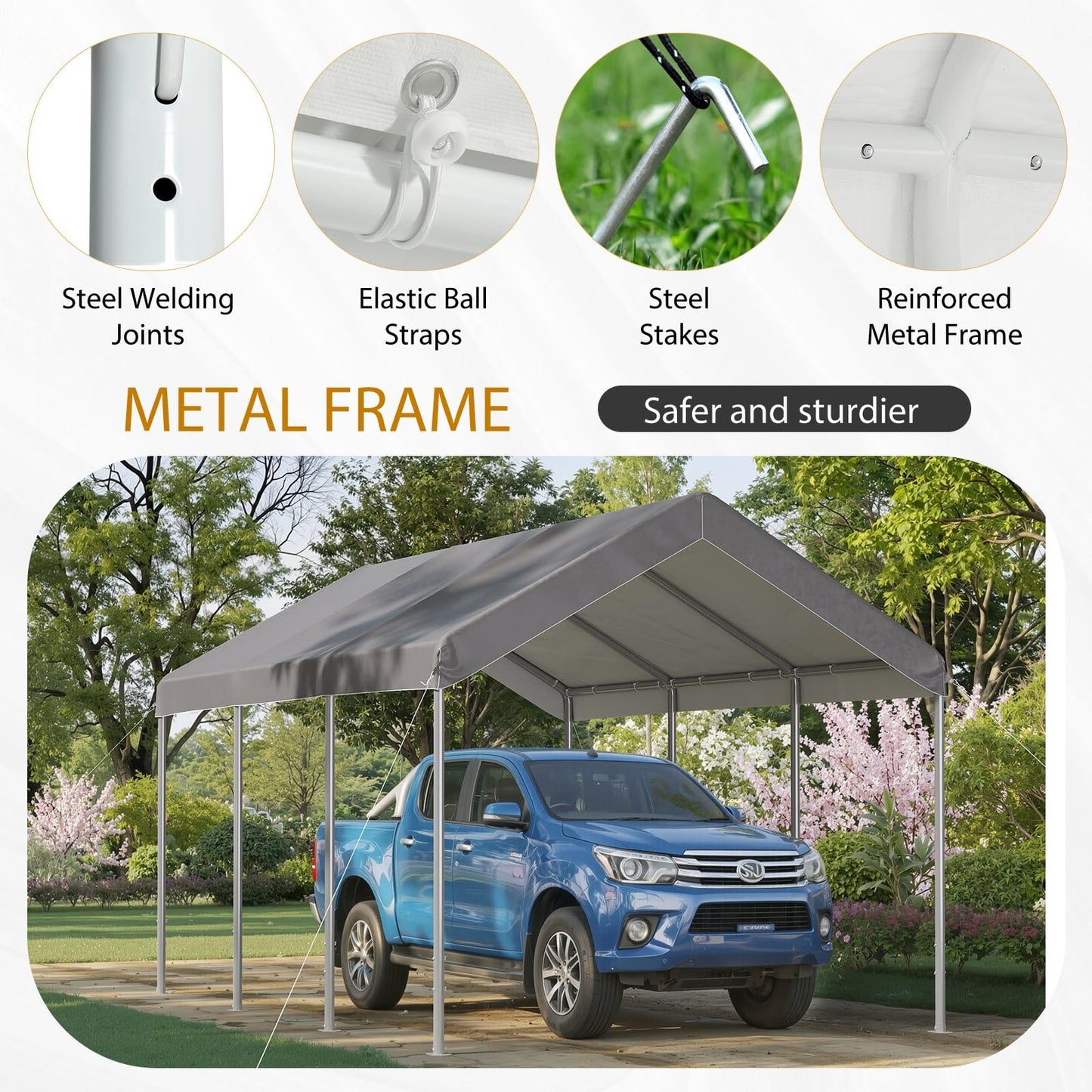 Aoxun Carport 10x20 ft Heavy Duty Carport Canopy, Adjustable Height Potable Car Canopy for Cars, Boats, Trucks, Outdoor Carport Shelter Portable Garage with Reinforced Frame, Gray