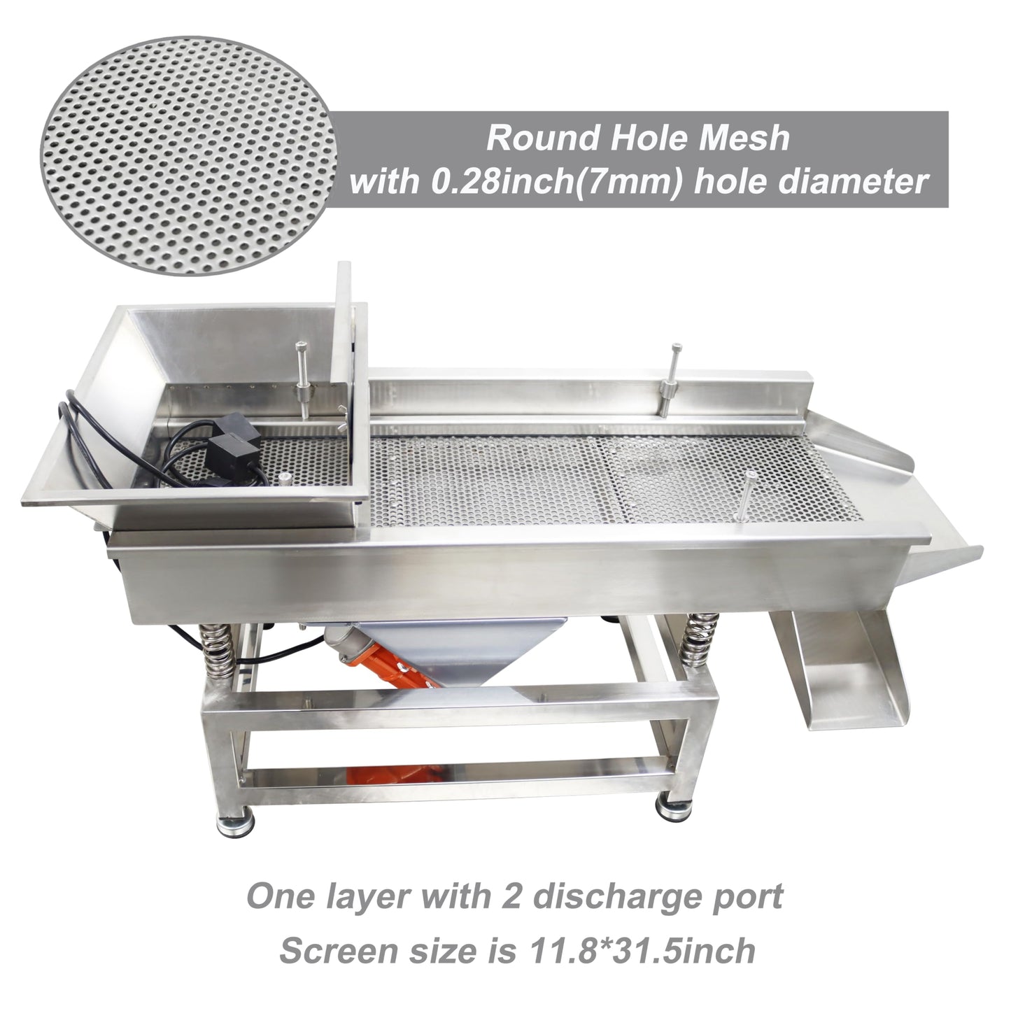 TECHTONGDA Straight Vibrating Sieve Screen Shaker Electric Linear Sifter Machine Stainless Steel One Layer Two Motors 7mm Round Hole Screen Size 11.8×31.5inch 110V