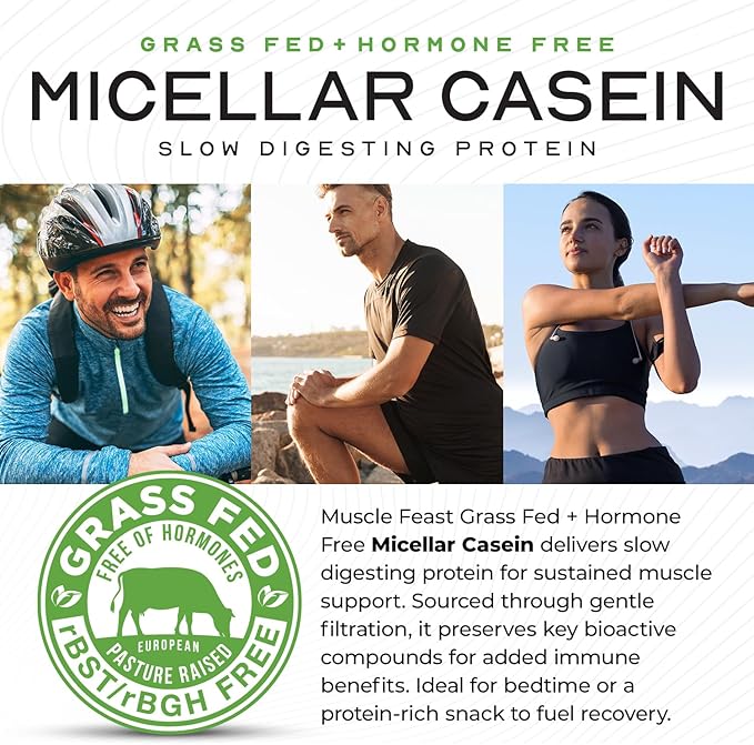 Muscle Feast Grass Fed Micellar Casein Protein Powder, Pasture Raised & Hormone Free, Slow Digesting Casein Protein - Supports Overnight Muscle Recovery, Gluten Free Protein Powder - Unflavored, 4lb