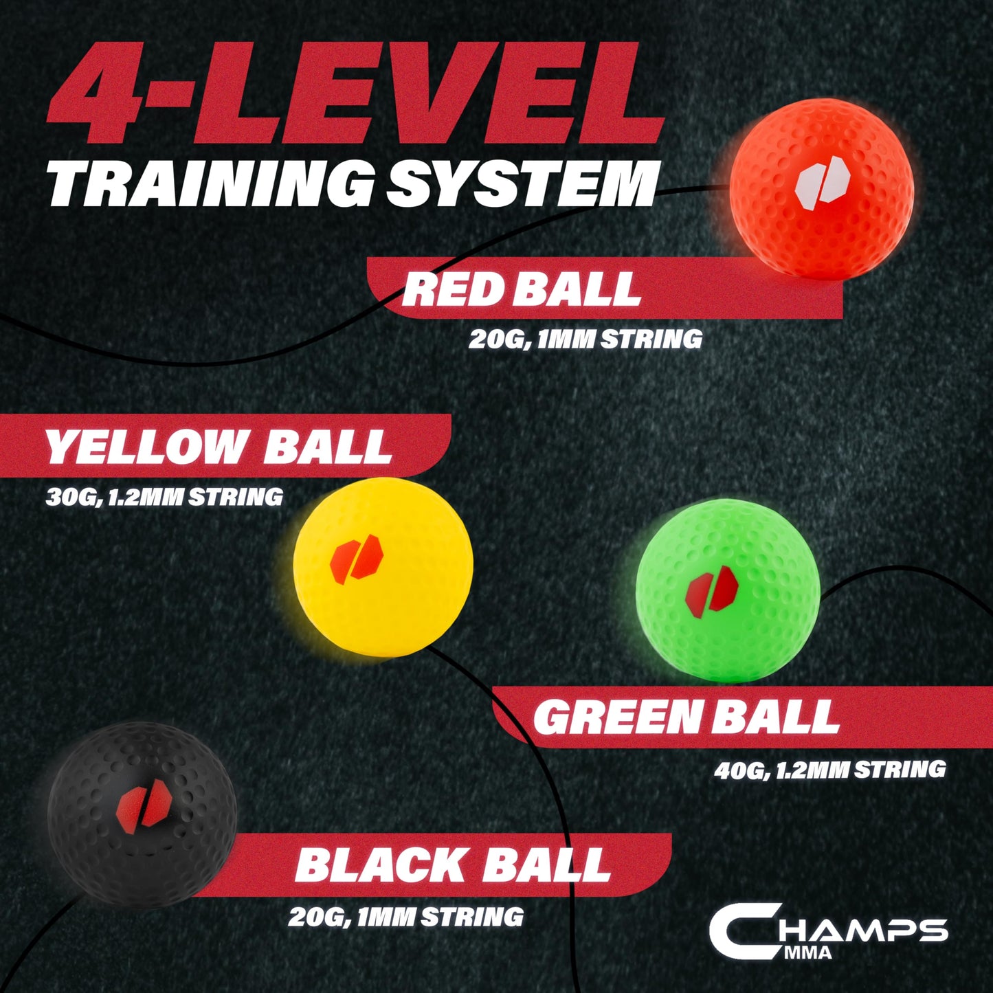 Champs MMA Boxing Reflex Ball Set with Punch Counter App– 4 Box Balls with Varying Weights, 2 Headbands and 4 Spare Strings to Improve Speed, Hand-Eye Coordination for Men, Reaction Ball Gift