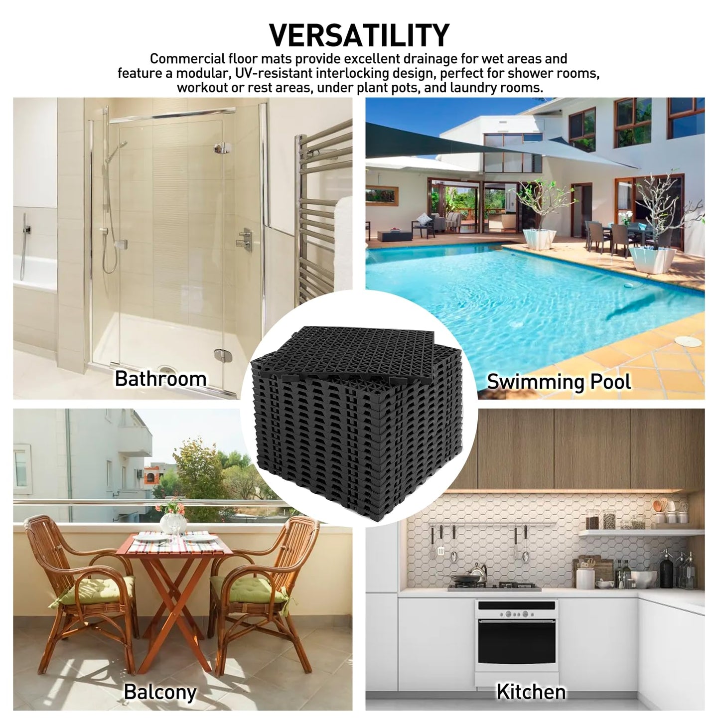 MAXWAVE 18 Pack 12" x 12" Modular Interlocking Floor Mats, Soft PVC Non-Slip Drainage Tiles, Splicing Rubber Cushion Flooring for Deck, Shower, Pool, Basement, Shed, Indoor and Outdoor Use