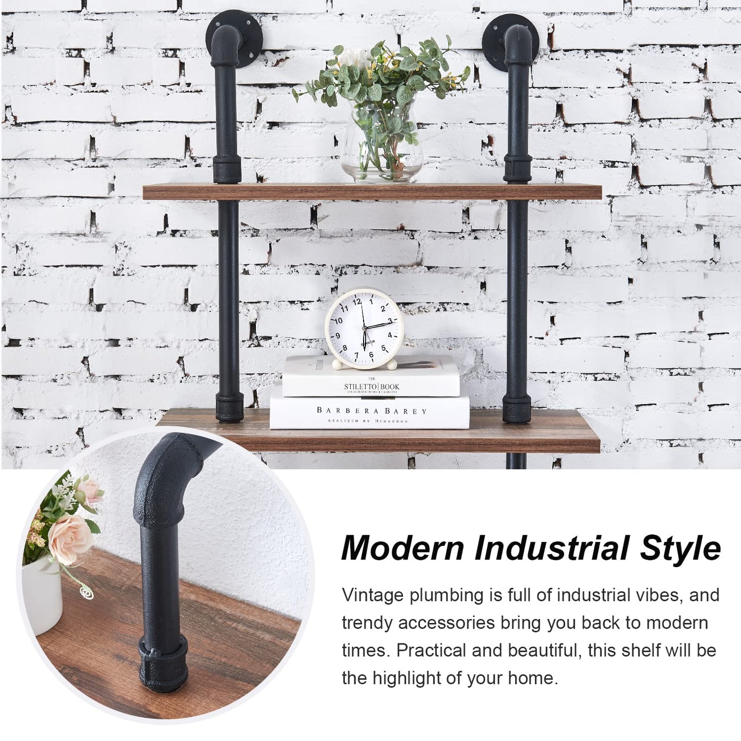 HOMBAZAAR Industrial Pipe Bookshelf,6 Tier Pipe Shelving,Wall Mounted Ladder Shelves with Metal Frame for Home Office,Living Room,Oak Brown