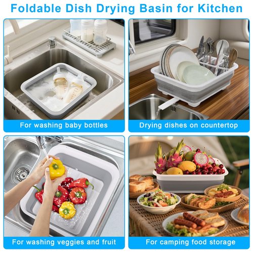 Collapsible Dish Drying Rack with Drain Plug Tube, Portable Dish Drainers for Kitchen Counter, Folding Dish Rack Over Sink Drying Dinnerware,Kitchen Sink Organizer Travel Trailer RV Camping Essentials