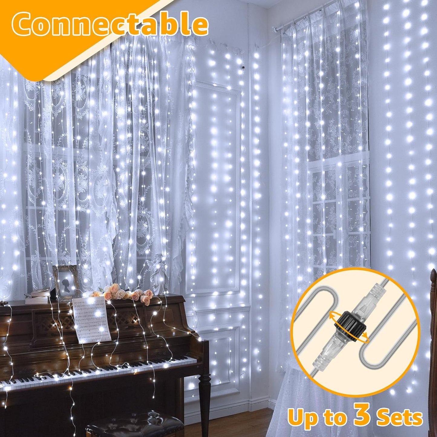 Ollny Curtain Lights - 300 LED Waterproof Outdoor Fairy Lights | 9.8ft x 9.8ft with Remote & 8 Modes