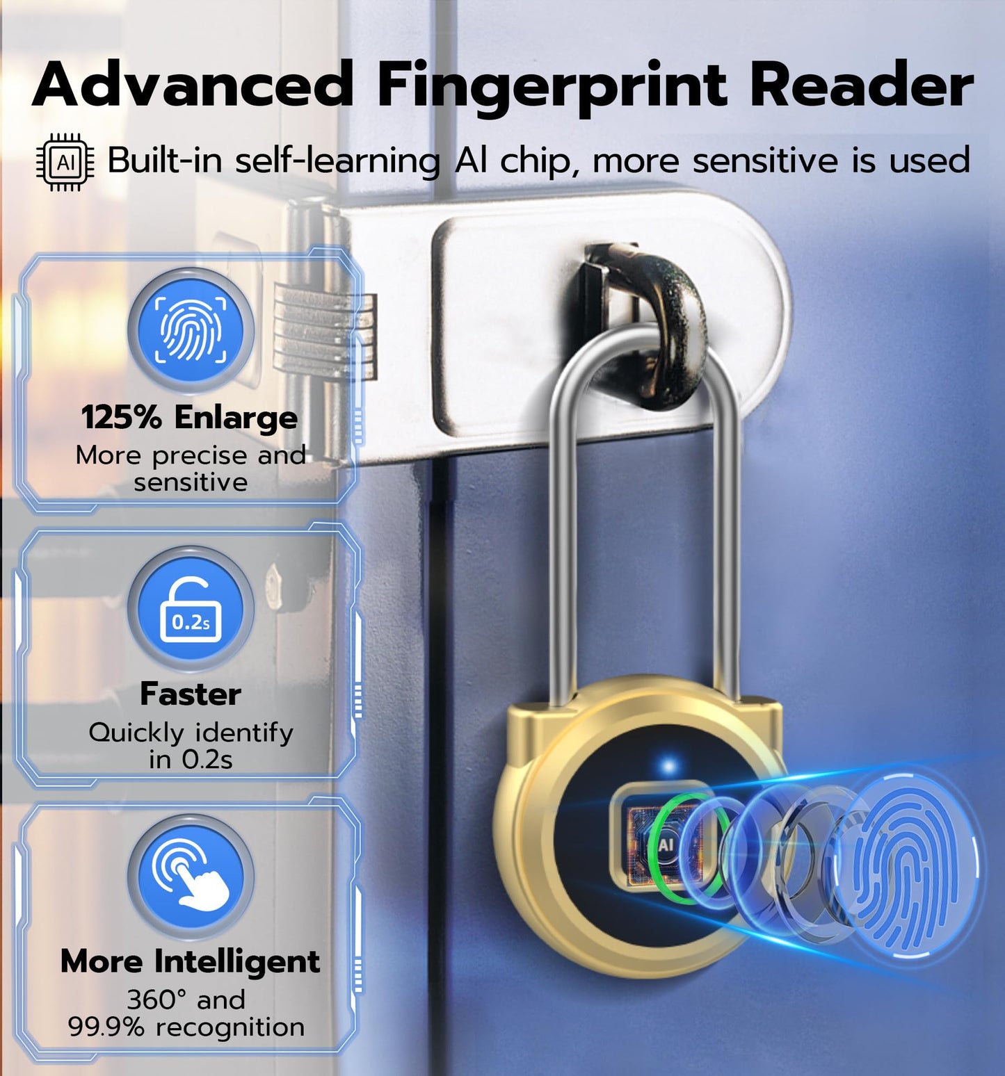 Anweller Fingerprint Gym Locker Lock, Keyless Biometric Long Shackle Small Padlock, Electronic Digital Bluetooth Smart Waterproof Pad Lock for Outdoor Fence Gate School Storage Sport Backpack Travel