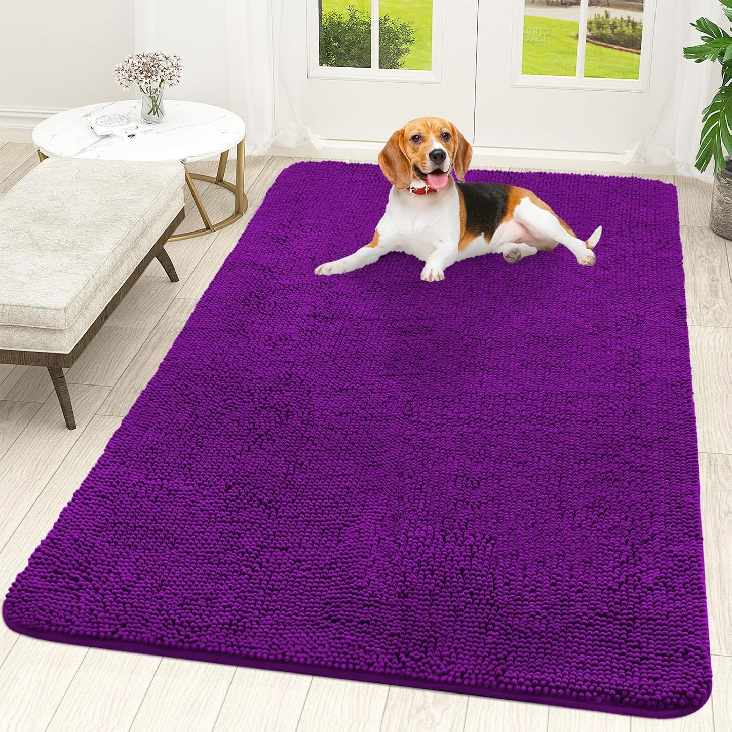 OLANLY Dog Door Mat - Absorbent Non-Slip Washable Doormat for Muddy Paws | 59x35 Purple Chenille Mat