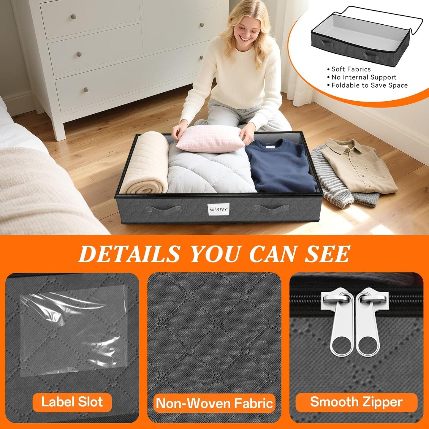 SpaceWhisper 90L Under Bed Storage Containers - 4-Pack Foldable Bins with Clear Tops for Clothing & Blankets | Grey