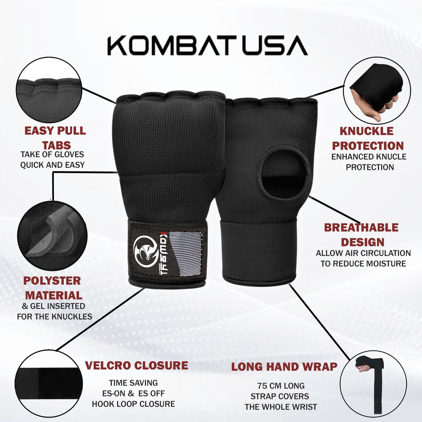 Kombat Gel Boxing Hand Wraps, Padded Inner Gloves for Men & Women, 75cm Quick Wrist Wraps, Knuckle & Wrist Protection for Muay Thai, MMA, Kickboxing, Martial Arts, Punching Training(Black, Large)