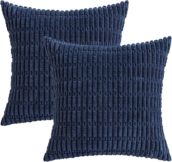 MIULEE Pack of 2 Corduroy Decorative Throw Pillow Covers 18x18 Inch Soft Boho Striped Pillow Covers Modern Farmhouse Home Decor for Summer Coastal Sofa Living Room Couch Bed Dark Blue