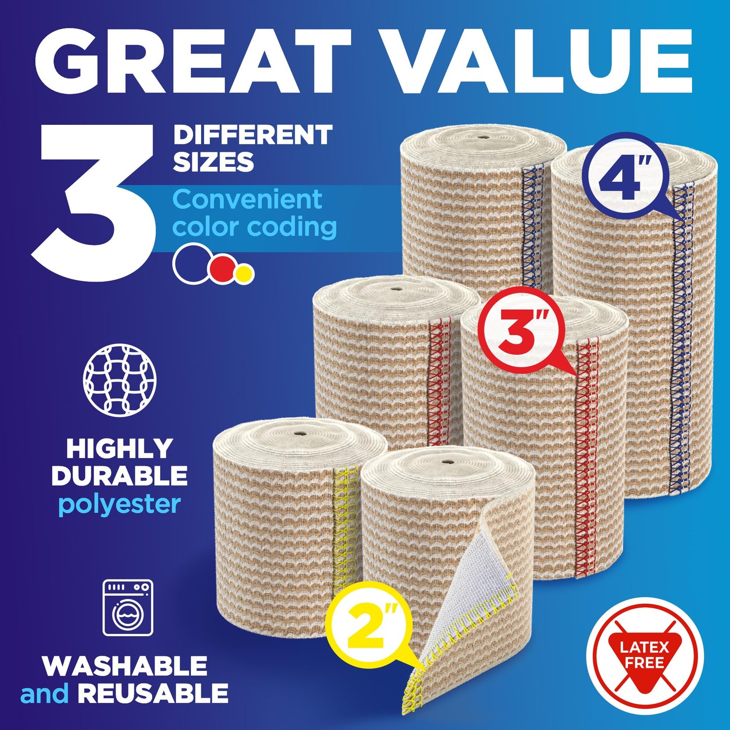 High-Performance Elastic Bandage Wrap - 6 Pack (2x2in, 2x3in, 2x4in) - Self-Closing Strong Compression Bandage Wrap for Leg, Ankles, Wrists, and Knees - for First Aid Kit and After Surgery Recovery