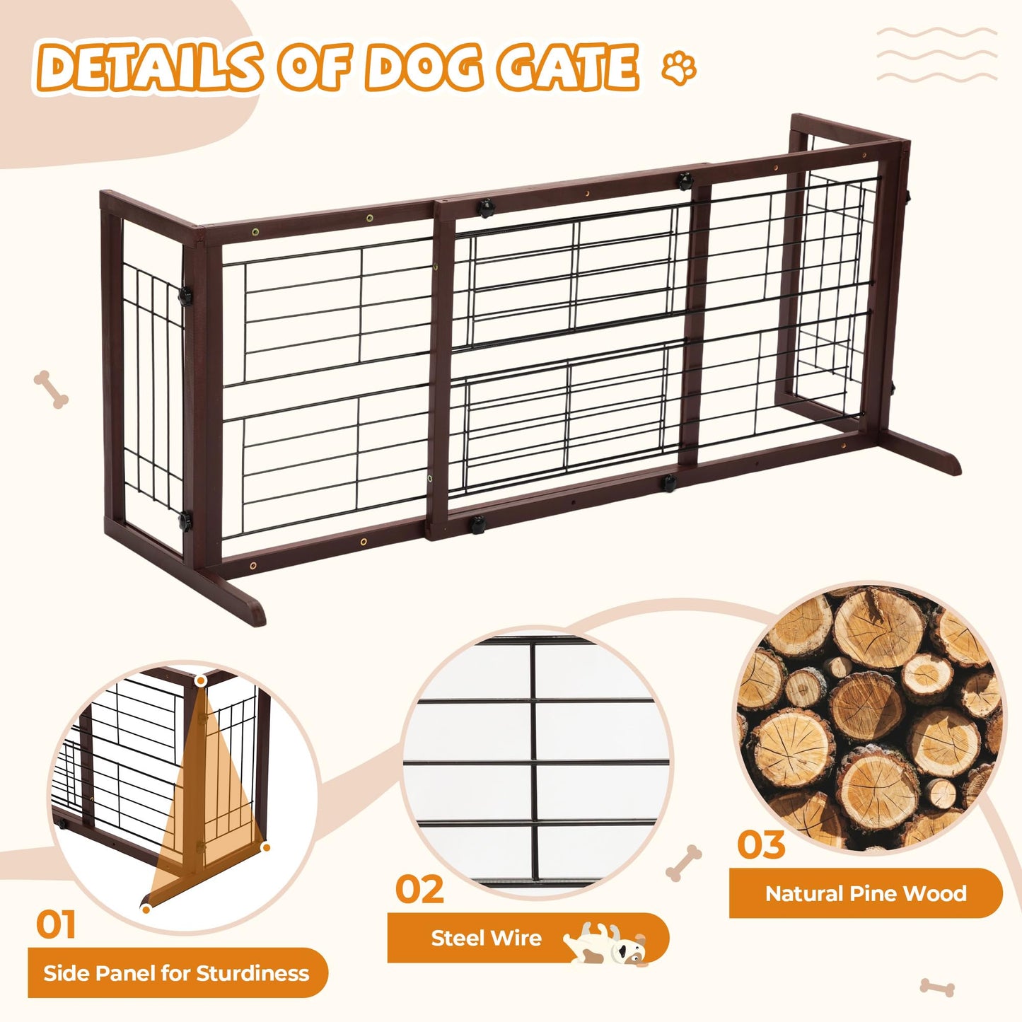 COZIWOW 38-67" Dog Gate Indoor, Free Standing Pet Gate for Doorways Extra Wide, Wooden Fence Puppy Safety Gates for The House, Stairs, Hallway, No Drilling Required,Brown