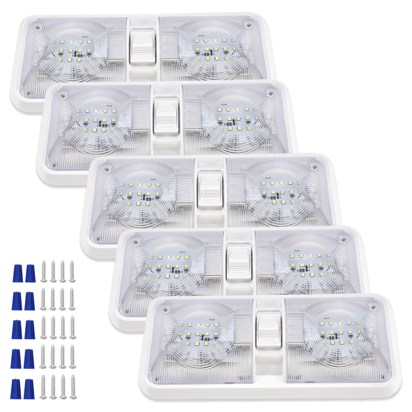 KUAFU RV Ceiling Lights 12V LED Double Dome Interior Lighting, 5 Pack, Clear Lens, Model GO-3265, Plastic Material