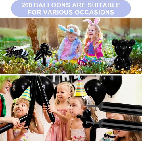 260 Premium Black Long Skinny Latex Balloons - Perfect for Animal Twisting, Weddings & Birthdays