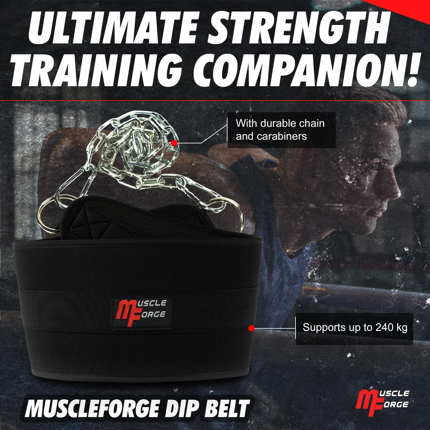 MuscleForge Weighted Dip Belt, Weight Lifting Pull Up Belt up to 530 lbs for Weighted Pullups with Chain and Carabiner, for Men, Strength Training, Bodybuilding