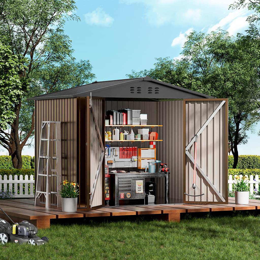 COMHOMA Shed Outdoor Storage Shed Metal,Lockable Doors Tool Sheds with Sloping Roof,Steel Garden Shed with Air Vent for Backyard,Patio,Lawn,Poolside(Brown,8'x6')