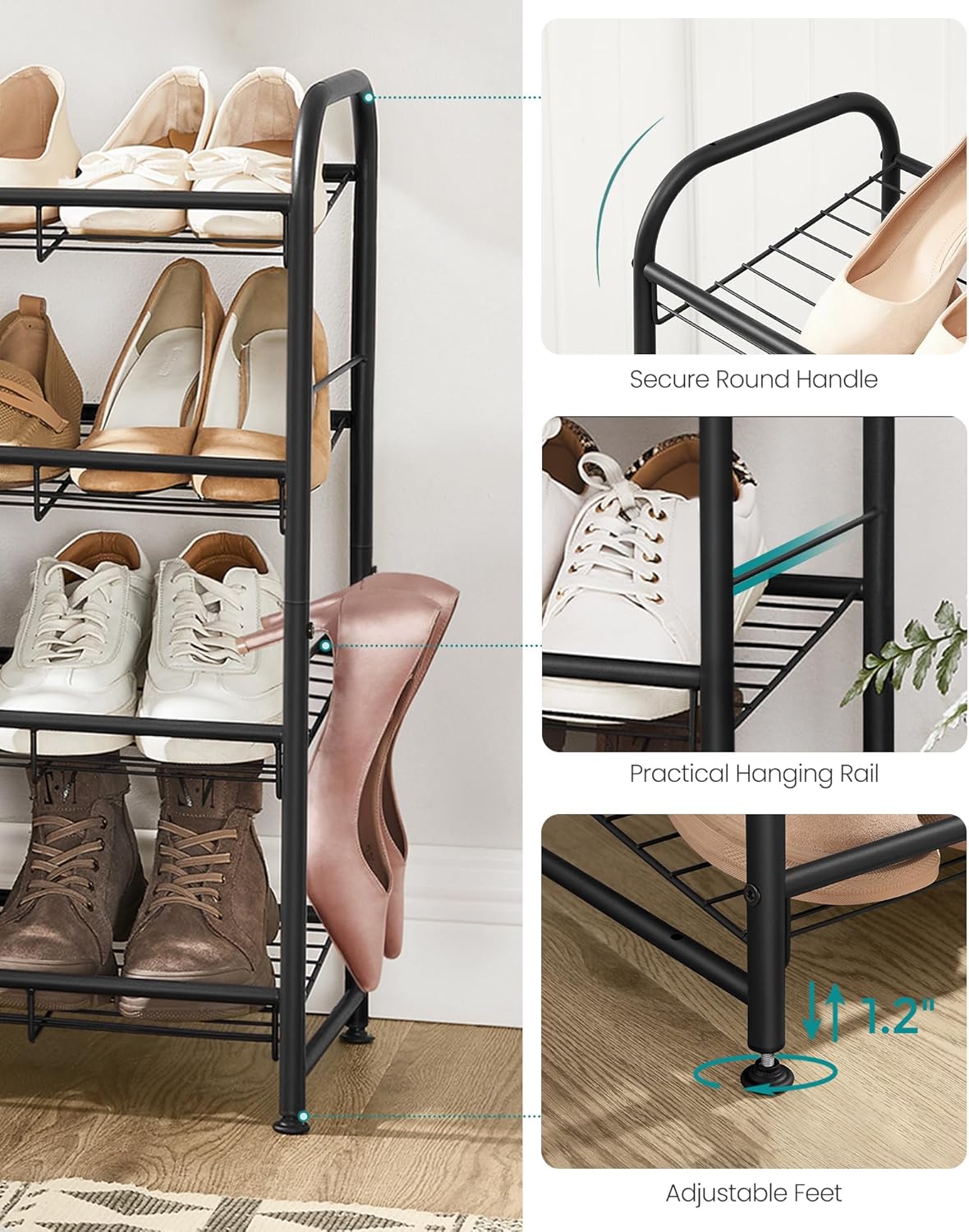 SONGMICS 4-Tier Stackable Shoe Rack - Adjustable Metal Storage Shelf for 16 Pairs | Black