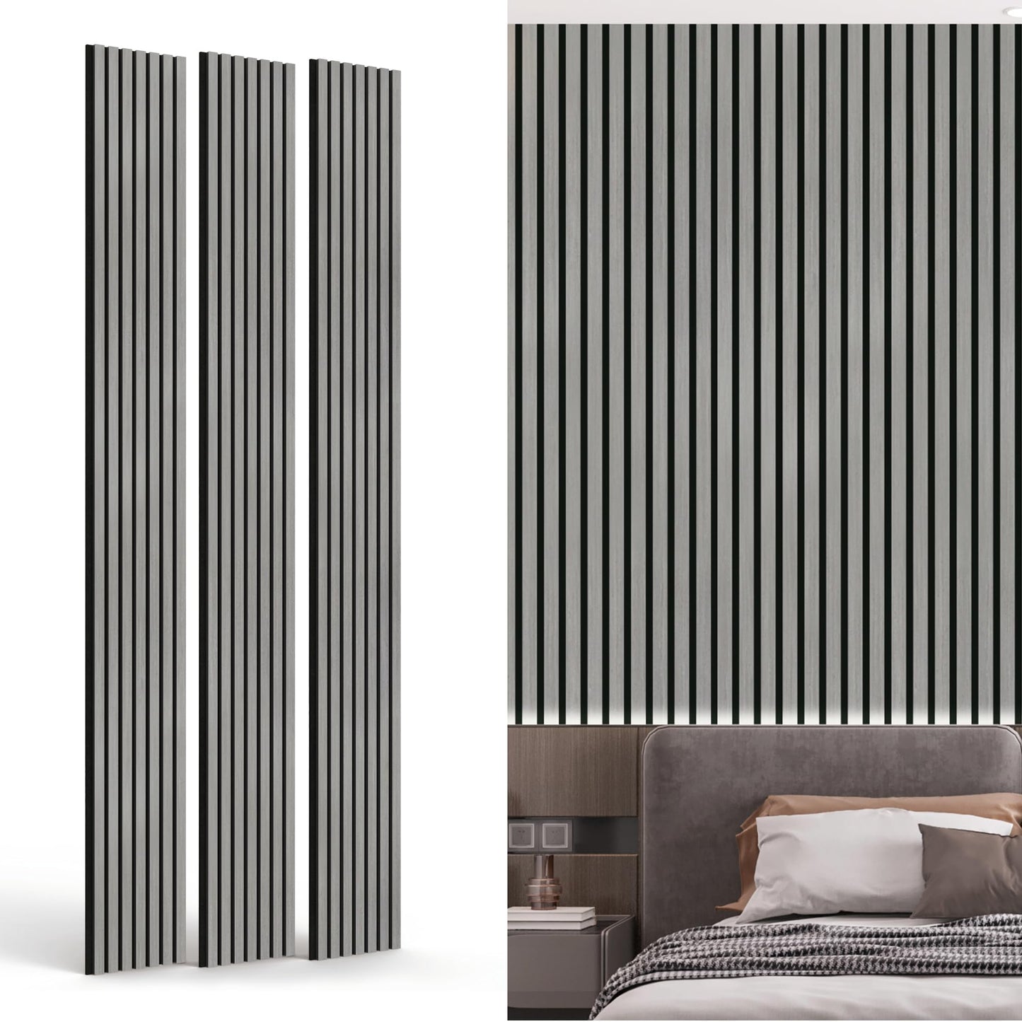 INNO STICKERS 3-Pack Wood Slat Wall Panel for Interior Wall Decor Noise Cancelling 94.5" x 11.4" Acoustic Decorative 3D Sound Absorbing Wall Paneling, Gray Oak, Covers 22.4 Sq. Ft