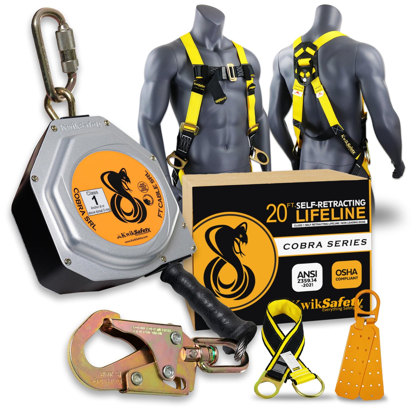 KwikSafety - Charlotte, NC - COBRA 20' BUNDLE [Cable Self Retracting Lifeline + 3FT Cross Arm Strap + Roof Anchor + 3 D-Ring Safety Harness] ANSI OSHA Class B Retractable SRL Fall Arrest PPE