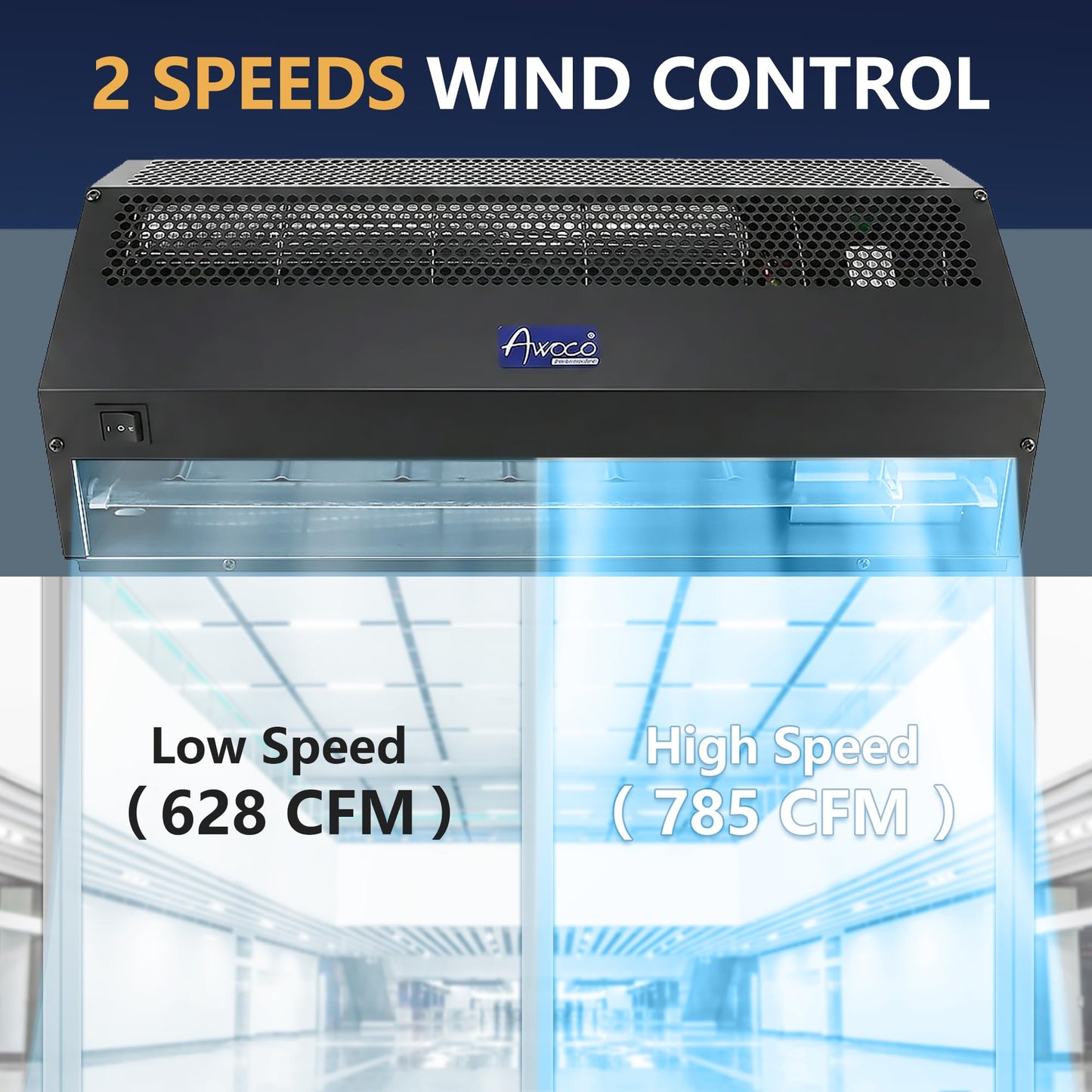 Awoco 24" Black Super Power 2 Speeds 800 CFM Commercial Indoor Air Curtain, CE Certified, 120V Unheated with an Easy-Install Magnetic Door Switch