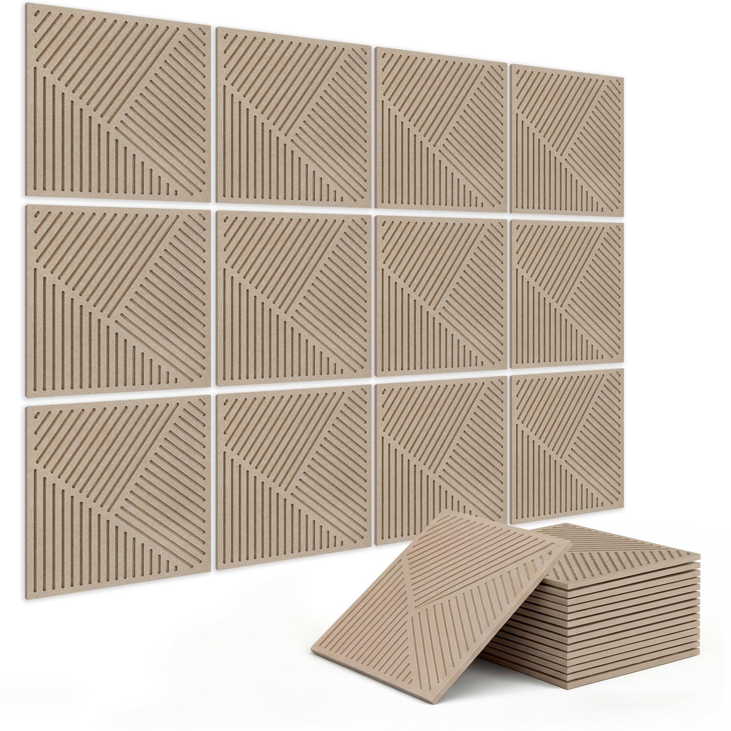 BUBOS Acoustic Panels Soundproof Wall Panels, Thick Double-Layer Sound Absorbing Decor, Twill-Patterned 3D Design, Spike Nail Mount for Recording Studio & Home Theater, 23.6"x23.6", 6 Pack,Camel