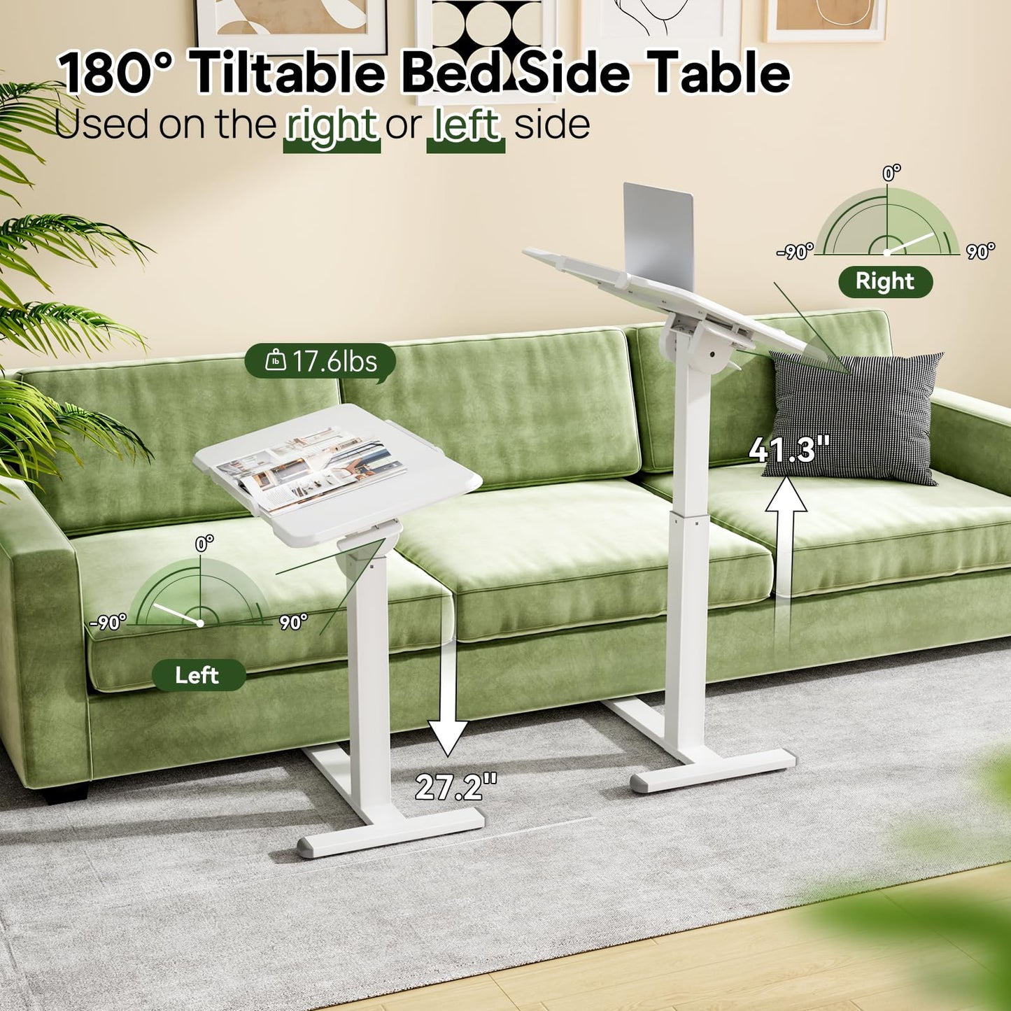 Gibbon Mounts 32inch Rolling Laptop Desk, 180° Tiltable Mobile Standing Desk Height Adjustable, Overbed Bedside Table, Portable Computer Desk with Lockable Wheels, Foldable Cart for Home Office, White