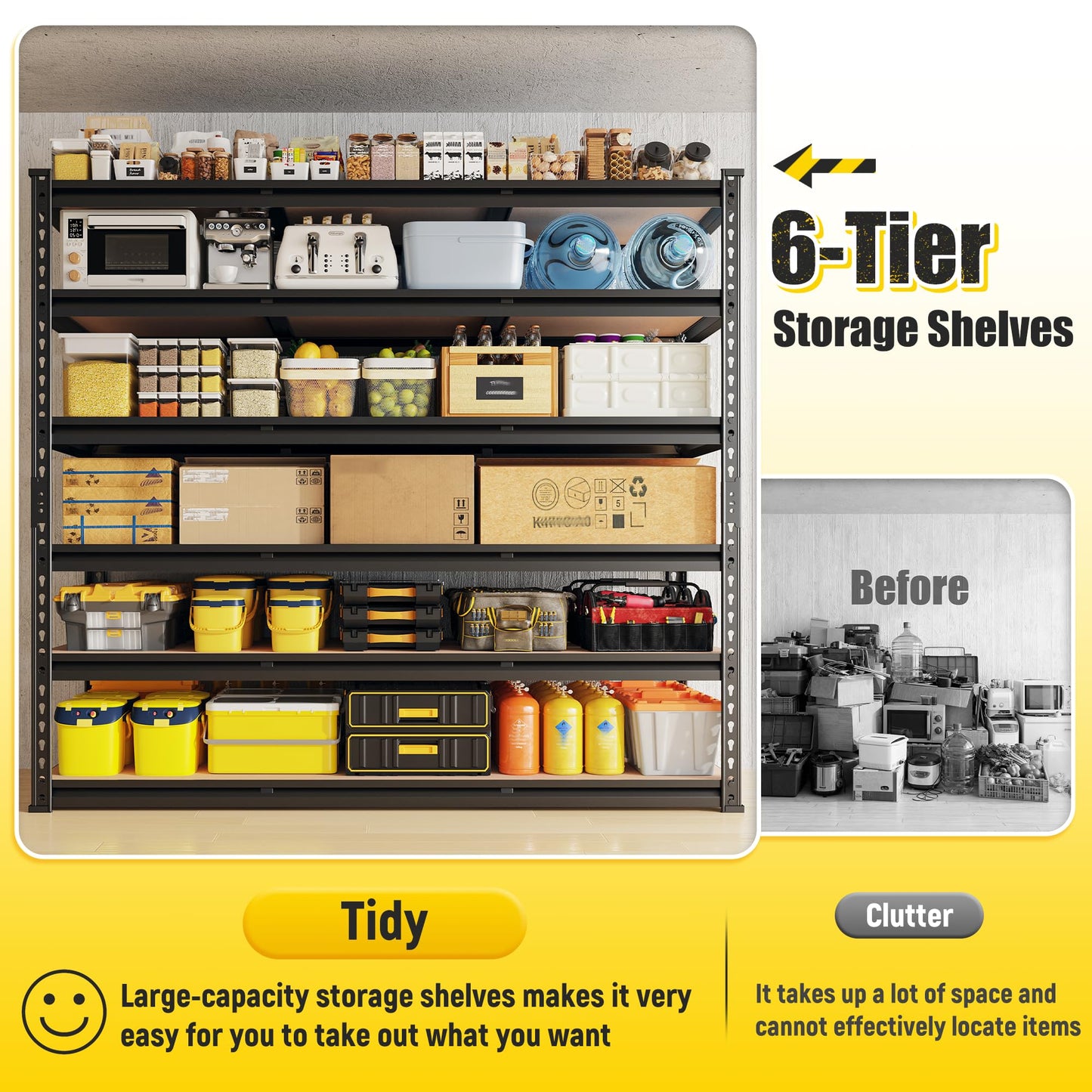 REIBII 6-Tier Garage Shelving, 84" H Storage Shelves Load 3300LB, Adjustable Metal Shelving, Large-Capacity Garage Shelves for Basement, Warehouse, 48.2" W X 84" H X 24" D, Black