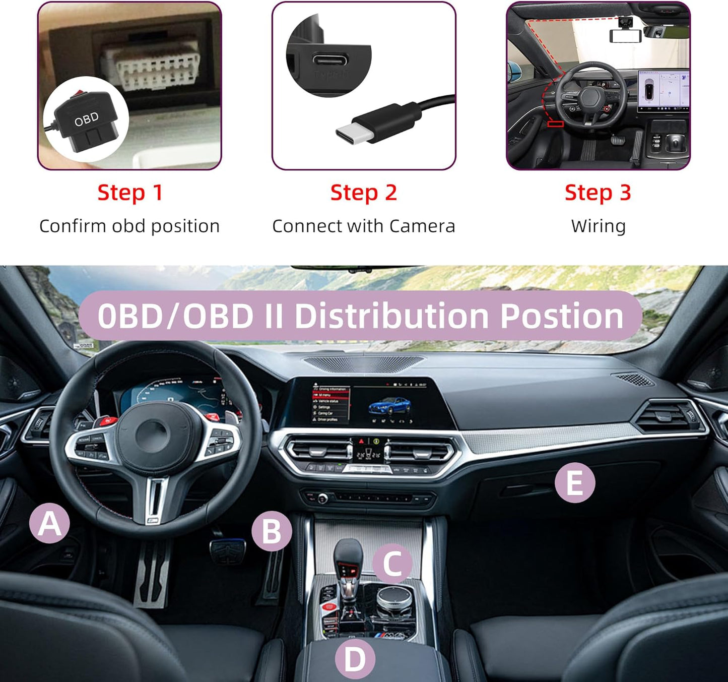 RIIEYOCA OBD2 24 (11.5FT/3.5M) Power Cable for Dash Cam,USB-C to OBD-II Hardwire Adapter with Switch Button Connector
