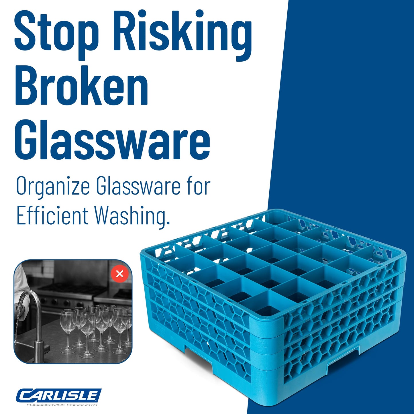 Carlisle FoodService Products OptiClean 25-Compartment Glass Racks With 3 Extenders for 3.19" Cups – Glass Racks for Restaurants Scratch-Resistant Texture, Blue, (Pack of 2)