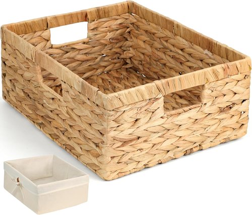 Natural Water Hyacinth Wicker Shelf Storage Baskets - Large 15” x 12” x 6” Organizers with Handles & Cotton Liner