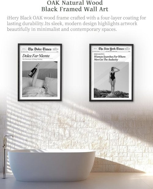iHery Premium Natural Black Oak Wood Framed Wall Art - Retro Woman Canvas Decor 12x16in for Girly Dorm & Living Room