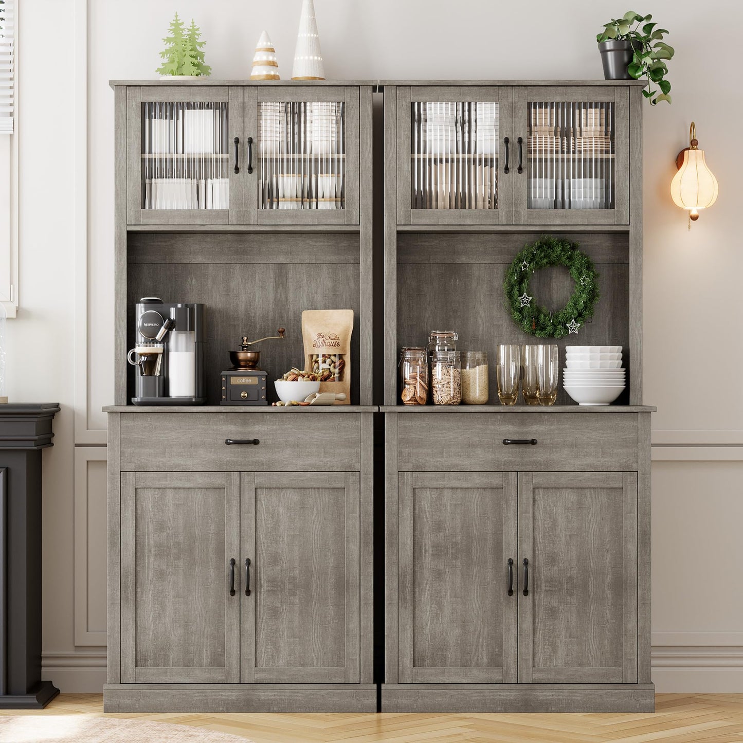 IDEALHOUSE Kitchen Pantry Cabinet with Adjustable Shelf, 71" Tall Storage Cabinet with Microwave Stand, Food Pantry Cabinets for Kitchen, Dining Room, Living Room, Black