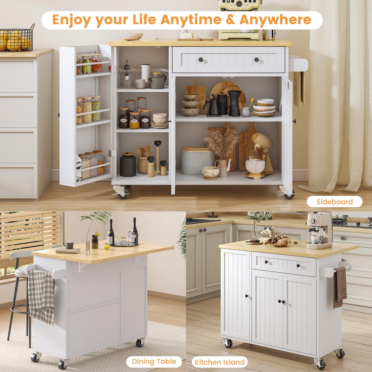 Bigbiglife Kitchen Island with Drop Leaf, Island Table on Wheels with Storage Cabinet, Modern Sideboard Buffet with Doors, Rolling Kitchen Island Cart for Dinning Room,White